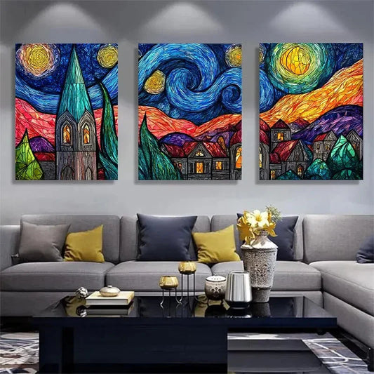 3pcs Stained Glass Starry Night Van Gogh Metal Print Ready to Hang Art