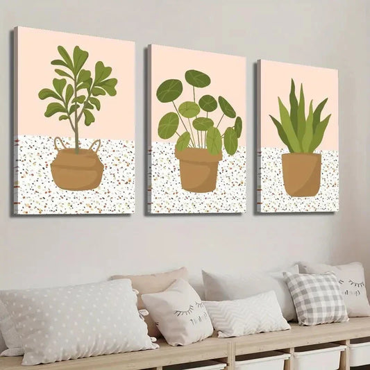 3pcs Potted Plants Illustration Wall Art Set Canvas Framed 40x60cm - High Quality Print 100% Australian Made Wall Canvas Ready to Hang