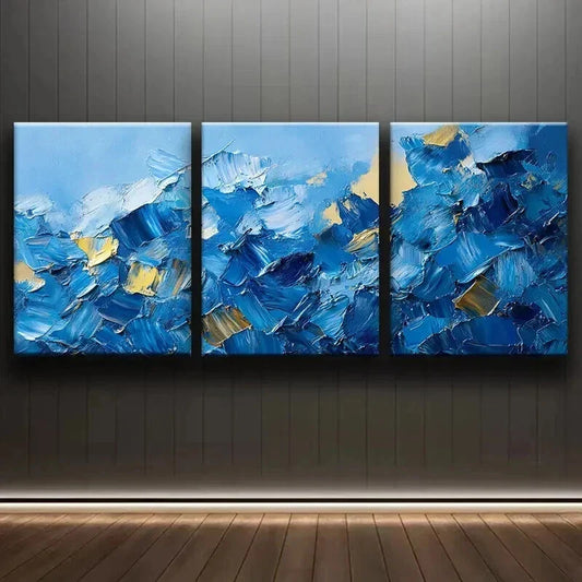 3pcs Abstract Blue & Golden Oil Painting Wall Art Set Canvas Framed 40x60cm - High Quality Print 100% Australian Made Wall Canvas Ready to Hang