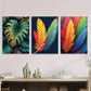 3pcs Colorful Feather and Tropical Leaf Metal Print Ready to Hang Art