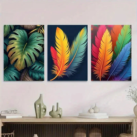 3pcs Colorful Feather and Tropical Leaf Metal Print Ready to Hang Art