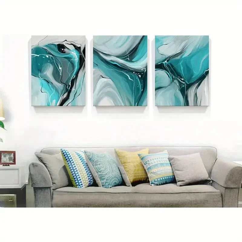 3pcs Painting Abstract Teal Metal Print Ready to Hang Art