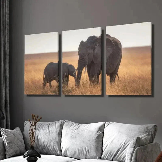 3pcs Elephant and Baby Elephant Wildlife Wall Art Set Canvas Framed 40x60cm - High Quality Print 100% Australian Made Wall Canvas Ready to Hang