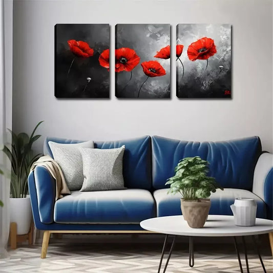 3pcs  Deep Red Flowers Wall Art Set Canvas Framed 40x60cm - High Quality Print 100% Australian Made Wall Canvas Ready to Hang