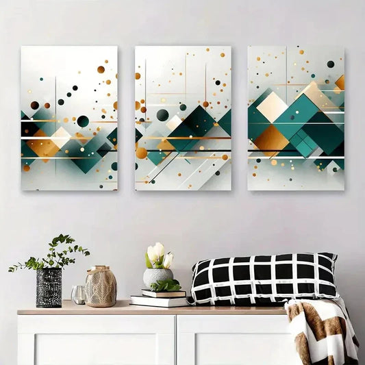 3pcs Geometric Abstract Design with Teal, Golden Metal Print Ready to Hang Art