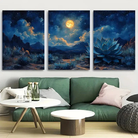 3pcs Agave Plant Under Starry Desert Night Sky Metal Print Ready to Hang Art