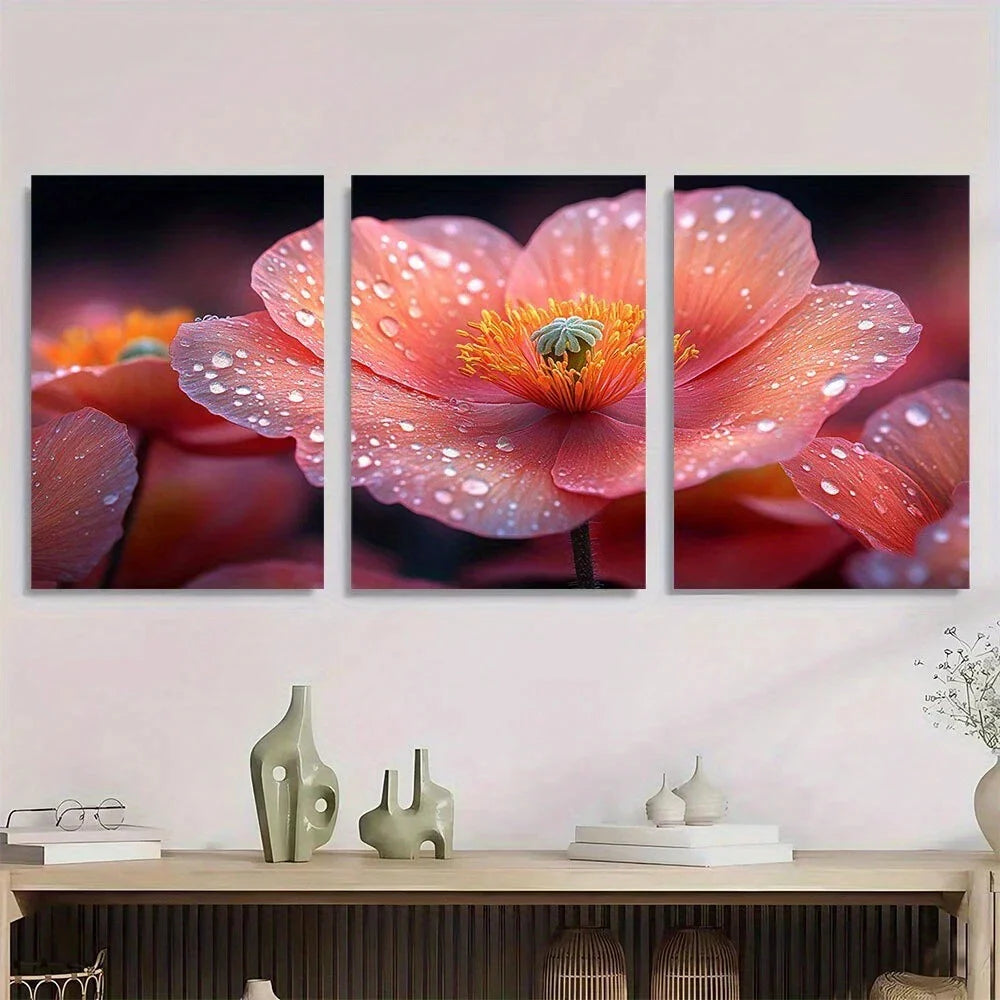 3pcs Pine Floral Vibrant Pink Orange Poppy Metal Print Ready to Hang Art