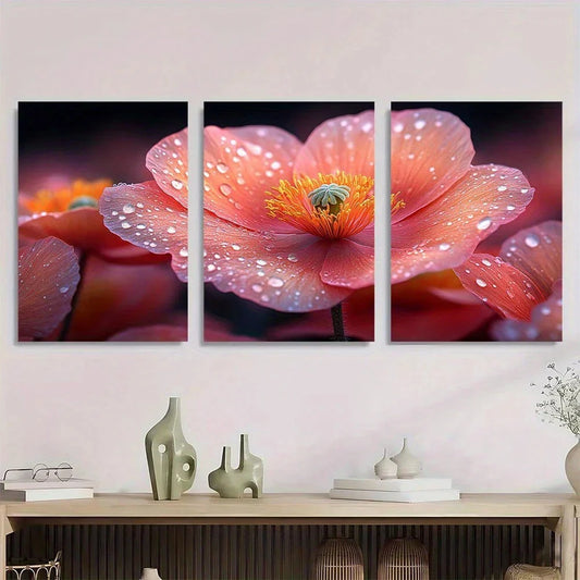 3pcs Pine Floral Vibrant Pink Orange Poppy Metal Print Ready to Hang Art
