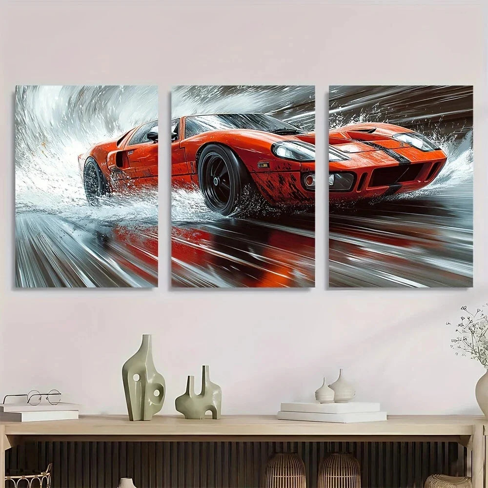 3pcs Modern Sports Vibrant Red Racing Car Metal Print Ready to Hang Art