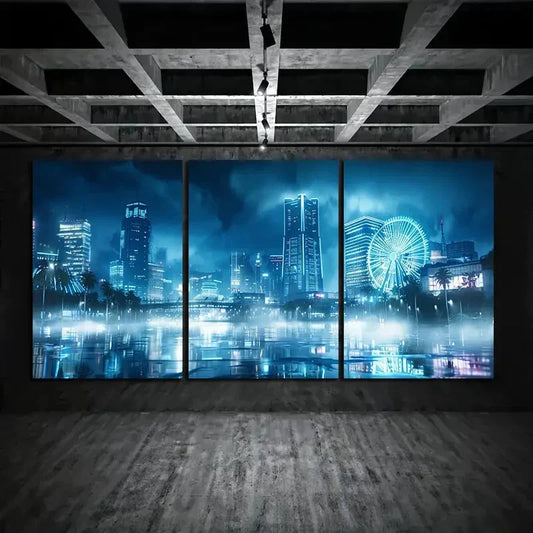 3pcs Misty Night Urban Skyline with Ferris Wheel Metal Print Ready to Hang Art