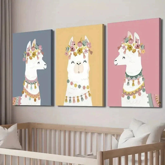 3pcs Cartoon Animals and Flowers Illustration Wall Art Set Canvas Framed 40x60cm - High Quality Print 100% Australian Made Wall Canvas Ready to Hang