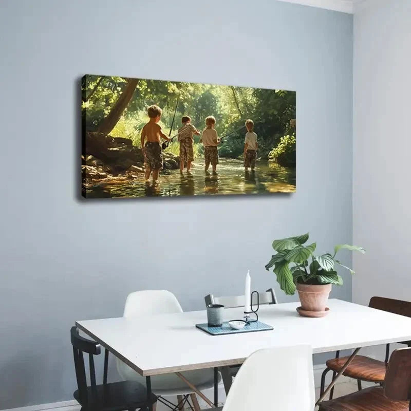Four Children in the Creek Fish Wall Art Canvas Office Home Room Framed 120x60cm