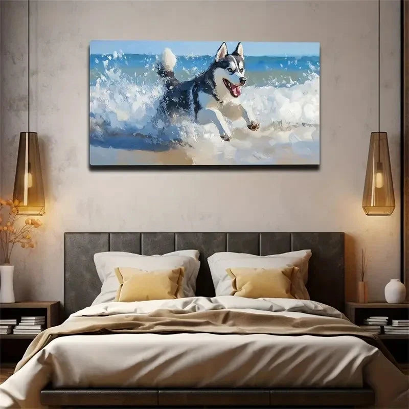 A Husky Running And Playing Wall Art Canvas Office Home Room Framed 120x60cm