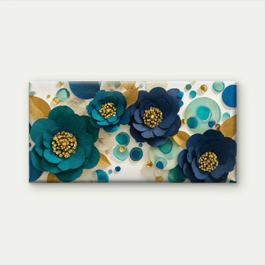 Floral Navy & Golden Accent Wall Art Canvas Office Home Room Framed 80x45cm
