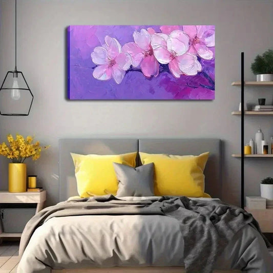 Pink Flowers On Purple Back Wall Art Canvas Office Home Room Framed 120x60cm