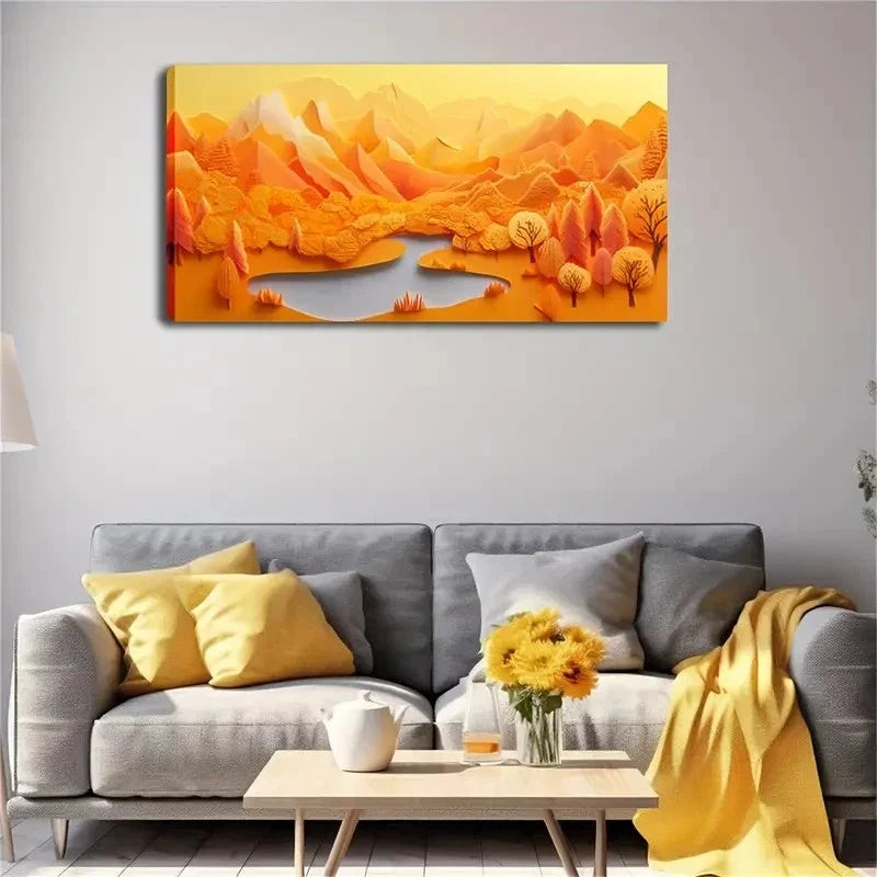 Vibrant Autumn Landscape Orange Wall Art Canvas Office Home Room Framed 120x60cm