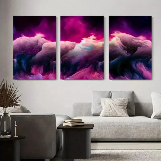 3pcs Vibrant Purple & Pink Swirls Modern Metal Print Ready to Hang Art