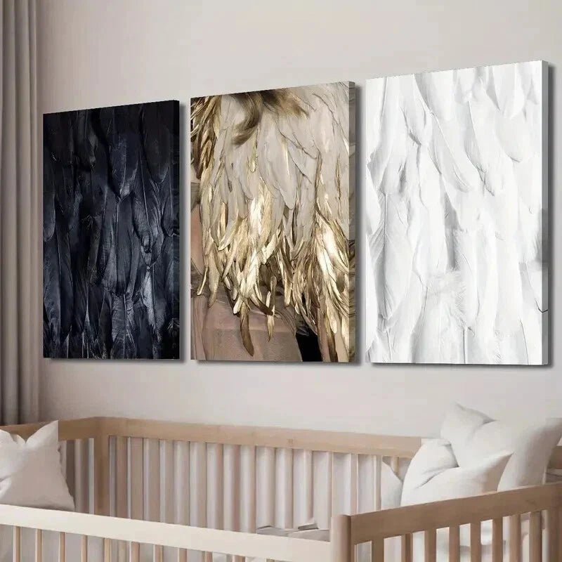 3pcs Black White and Golden Feathers Decor Wall Art Set Canvas Framed 40x60cm - High Quality Print 100% Australian Made Wall Canvas Ready to Hang