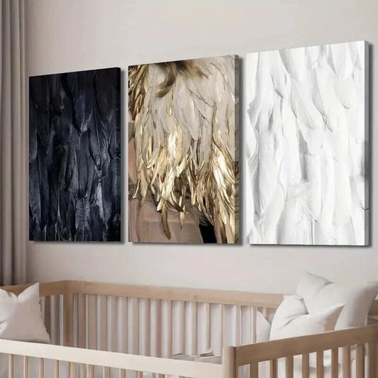 3pcs Black White and Golden Feathers Decor Wall Art Set Canvas Framed 40x60cm - High Quality Print 100% Australian Made Wall Canvas Ready to Hang