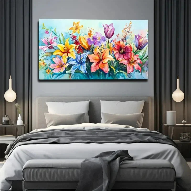 Colorful Flowers Watercolor Wall Art Canvas Office Home Room Framed 80x45cm