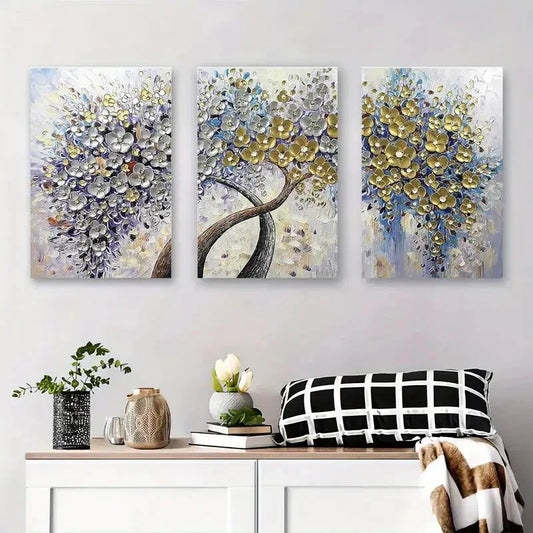3pcs Abstract Metallic Floral Tree Triptych Metal Print Ready to Hang Art