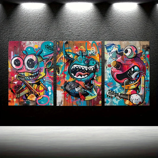 3pcs Vibrant Music Pop Guitar & Microphone Motifs Metal Print Ready to Hang Art