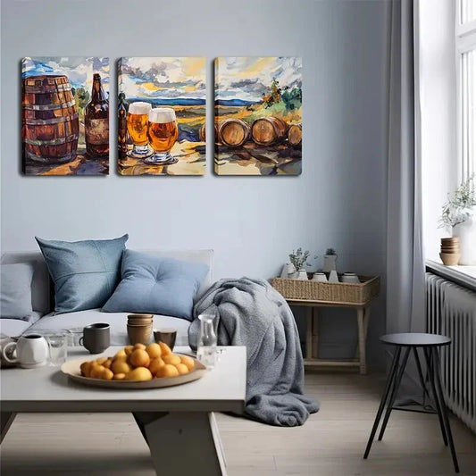 3pcs wooden keg and beer , Wall Art Set Canvas Framed 40x60cm - High Quality Print 100% Australian Made Wall Canvas Ready to Hang