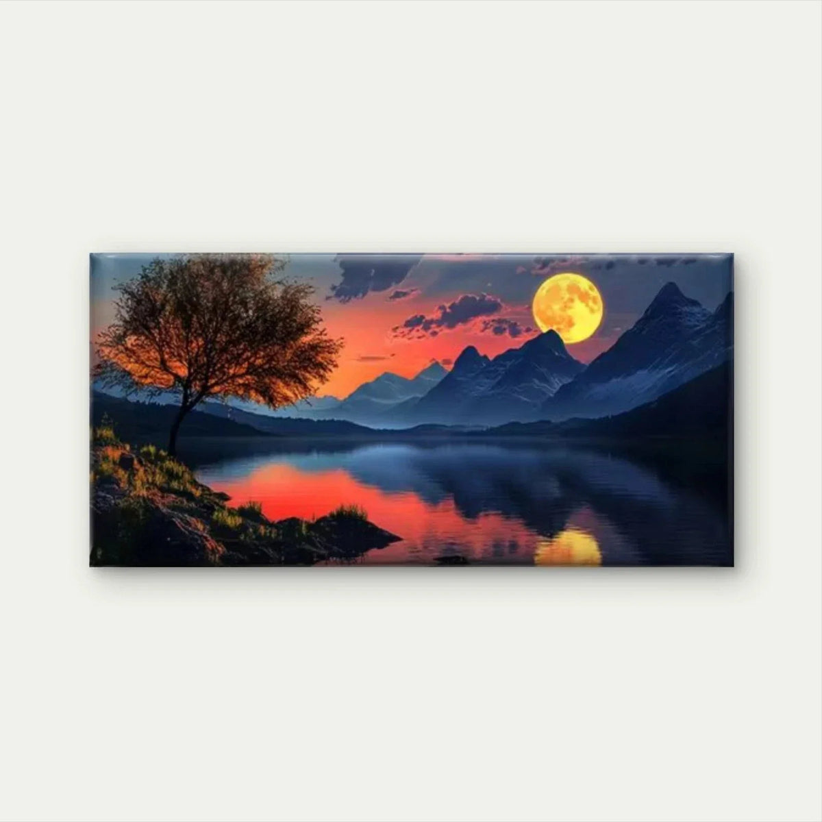 Mountain River Scene with Moon Wall Art Canvas Office Home Room Framed 80x45cm