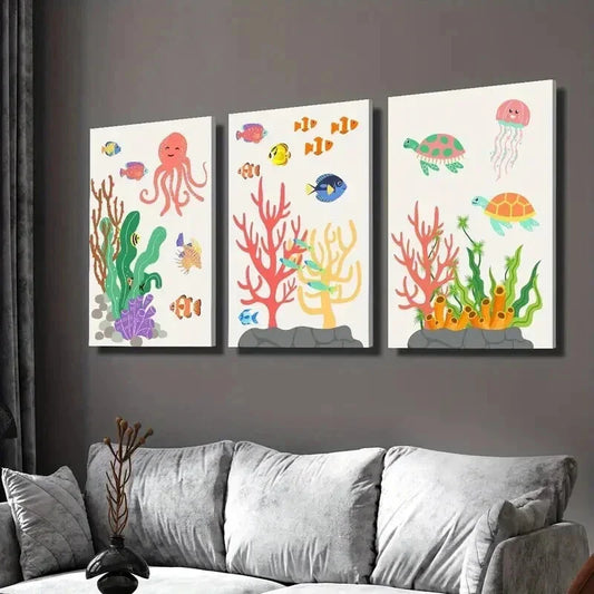 3pcs Colorful Sea Creatures in Ocean Ecosystem Wall Art Set Canvas Framed 40x60cm - High Quality Print 100% Australian Made Wall Canvas Ready to Hang