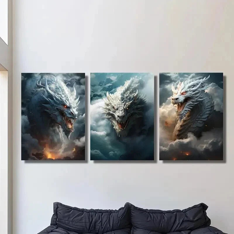 3pcs Flying dragon on the clouds, fantasy  Metal Print Ready to Hang Art