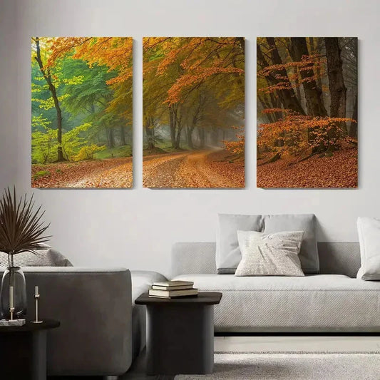 3pcs Autumn Forest Path Leaves and Tranquil Metal Print Ready to Hang Art