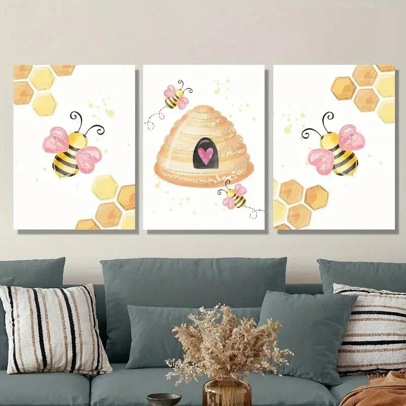 3pcs Cute Cartoon Bees &amp; Sunflower Metal Print Ready to Hang Art