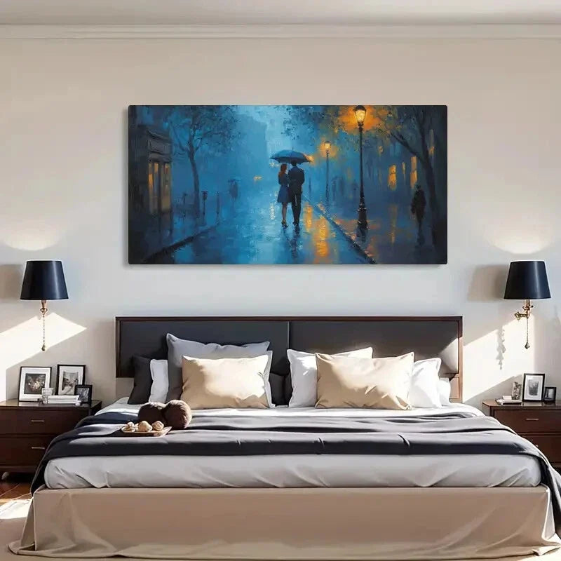 Rainy Night Romantic Umbrella Wall Art Canvas Office Home Room Framed 120x60cm