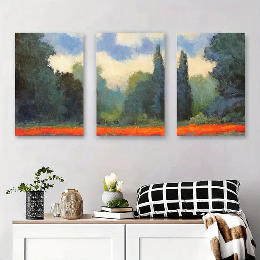 3pcs Greenery and Red Flowers Forest Metal Print Ready to Hang Art