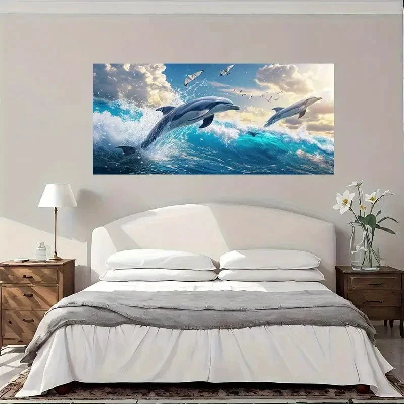 Dolphins Ocean Enjoy Wall Art Canvas Office Home Room Framed 80x45cm