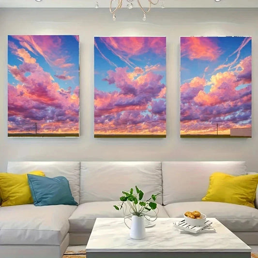 3pcs A Colorful Sky Filled with Fluffy Clouds Metal Print Ready to Hang Art