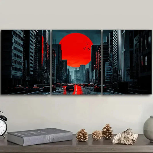 3pcs The moon over the city Art Painting Metal Print Ready to Hang Art