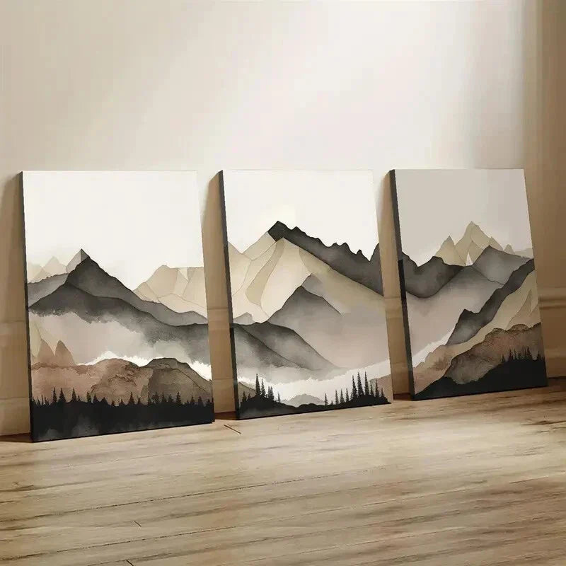 3pcs Beige and Gray Mountain Wall Art Set Canvas Framed 40x60cm - High Quality Print 100% Australian Made Wall Canvas Ready to Hang