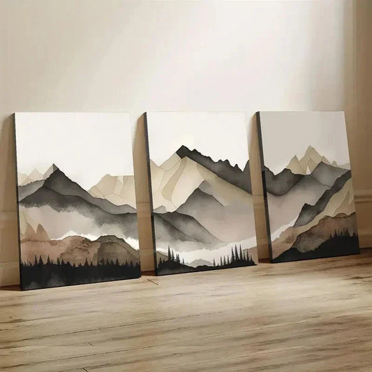 3pcs Beige and Gray Mountain Wall Art Set Canvas Framed 40x60cm - High Quality Print 100% Australian Made Wall Canvas Ready to Hang