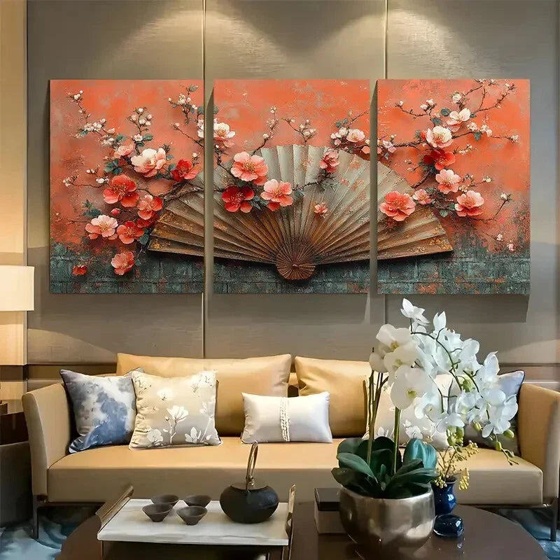 3pcs Pink Floral Fan Chinoiserie Design Metal Print Ready to Hang Art