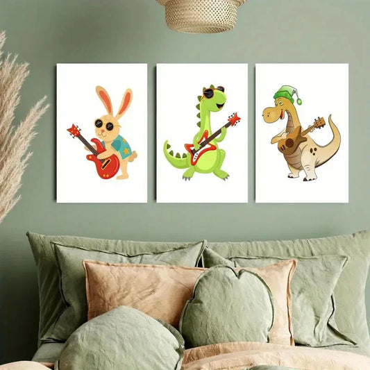 3pcs Playful Rabbits Crocodiles in Fashion Glasses Metal Print Ready to Hang Art