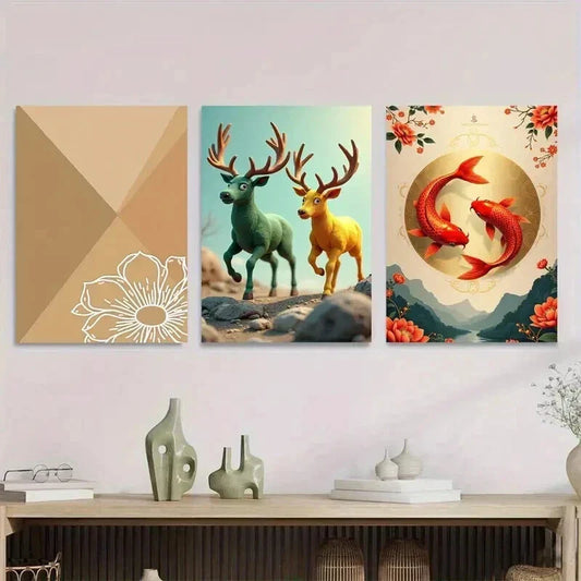 3pcs Chic Traditional Deer & Koi Fish Nature Wall Art Set Canvas Framed 40x60cm - High Quality Print 100% Australian Made Wall Canvas Ready to Hang