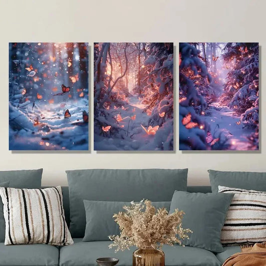 3pcs Butterfly Snow Forest Glittering Winter Scene Metal Print Ready to Hang Art