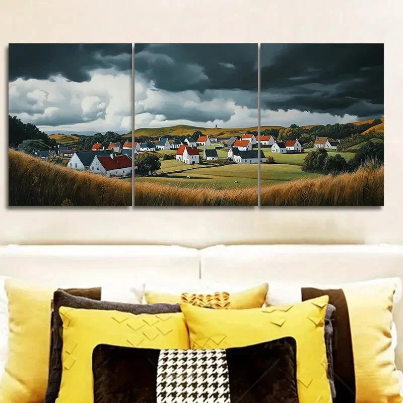 3pcs Rustic Village Red Roofs Art Deco Metal Print Ready to Hang Art