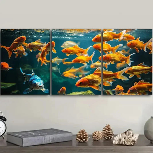 3pcs Featuring Goldfish in an Aquarium, Metal Print Ready to Hang Art