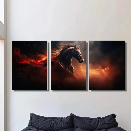 3pcs Horse running in flames, animal theme, Metal Print Ready to Hang Art