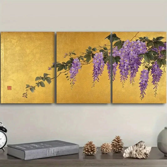 3pcs s Golden foil floral wisteria Metal Print Ready to Hang Art
