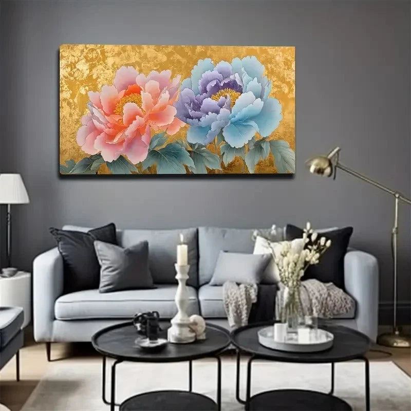 Pink And Blue Peonies Wall Art Canvas Office Home Room Framed 120x60cm