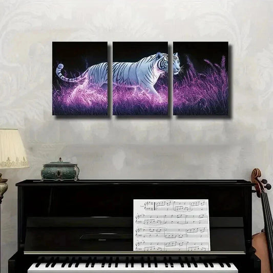 3pcs White Tiger on Neon Grass Decor Wall Art Set Canvas Framed 40x60cm - High Quality Print 100% Australian Made Wall Canvas Ready to Hang