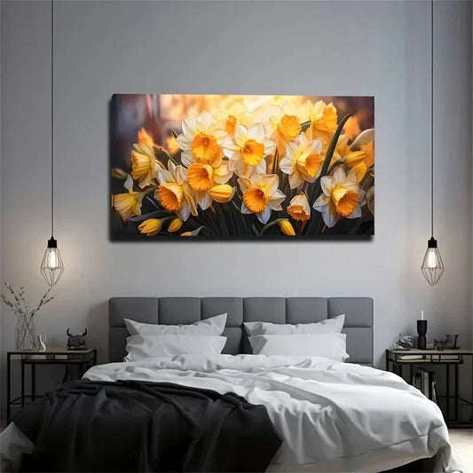 Yellow & Golden Floral Wall Art Canvas Office Home Room Framed 80x45cm